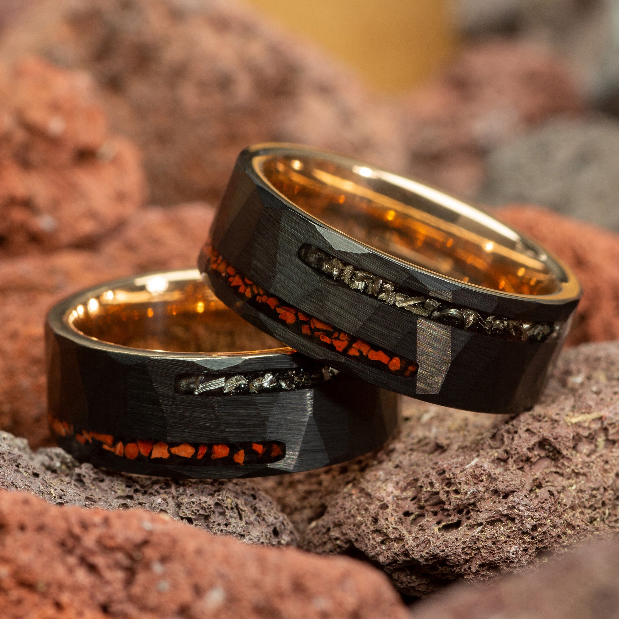 Dinosaur Bone & Meteorite Black Hammered Rose Gold Tungsten Men's Wedding Ring Comfort Fit - 8mm