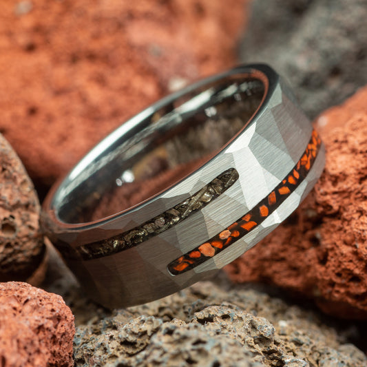 Dinosaur Bone & Meteorite Silver Hammered Men's Tungsten Wedding Ring Comfort Fit - 8mm