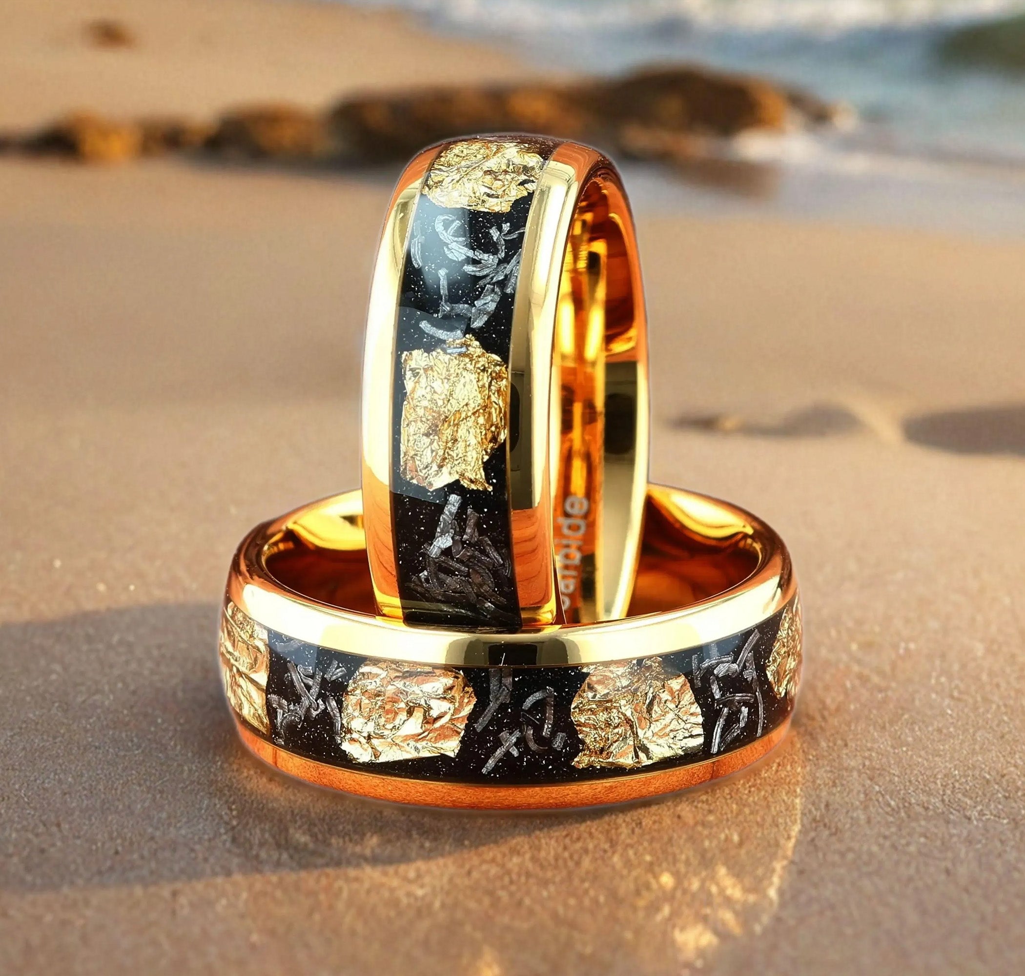 Meteorite & Gold Leaf Gold Tungsten Men's Wedding Ring Comfort Fit - 8mm