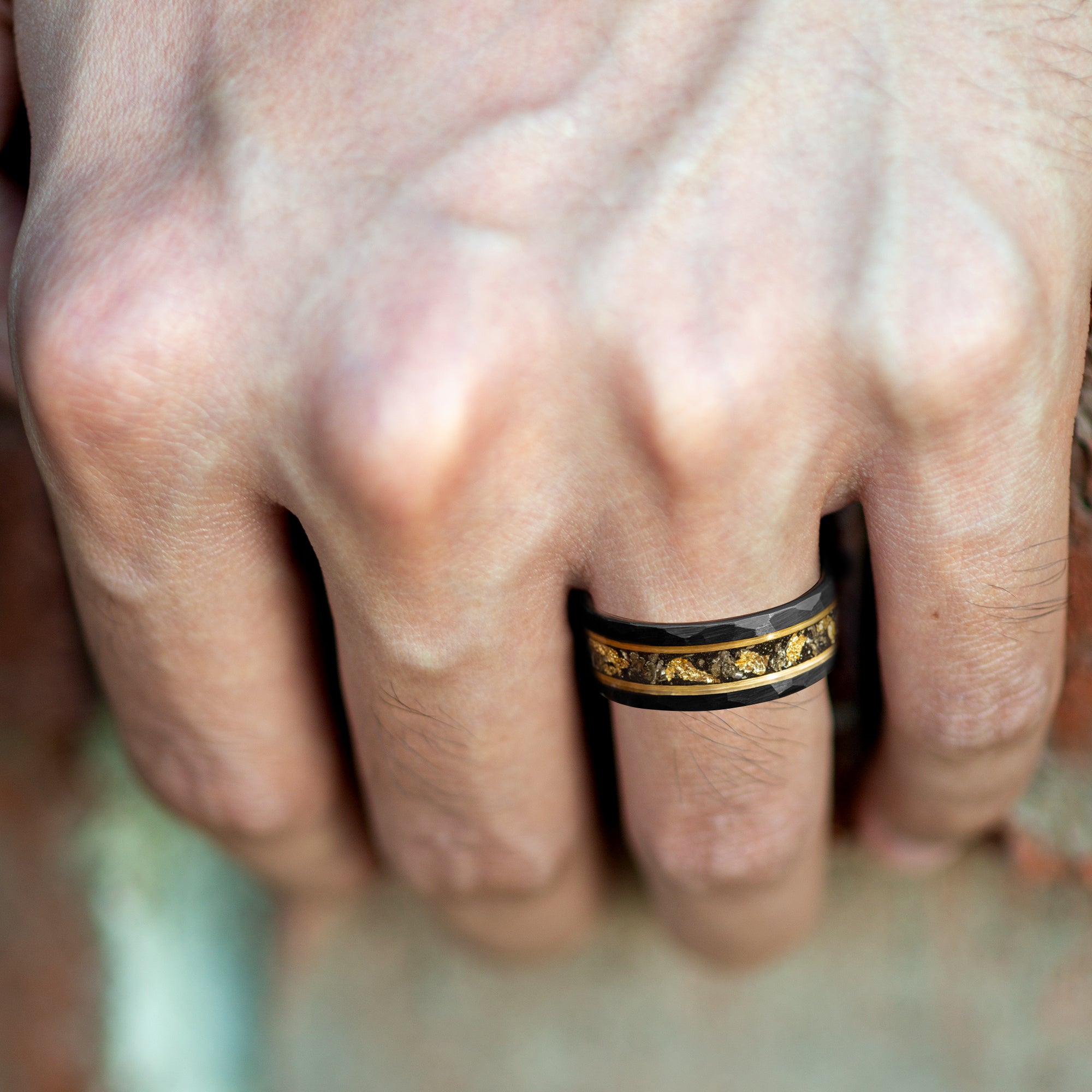 Meteorite & Gold Leaf Black Hammered Men's Tungsten Ring - 8mm