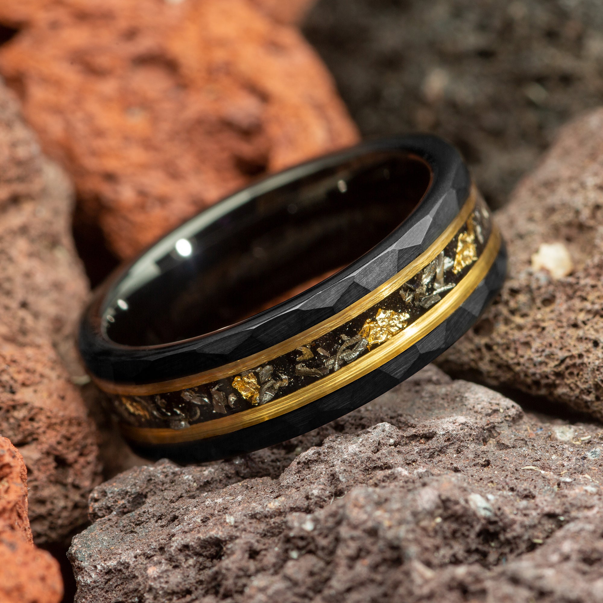 Meteorite & Gold Leaf Black Hammered Couple Tungsten Wedding Bands Comfort Fit 6mm | 8mm