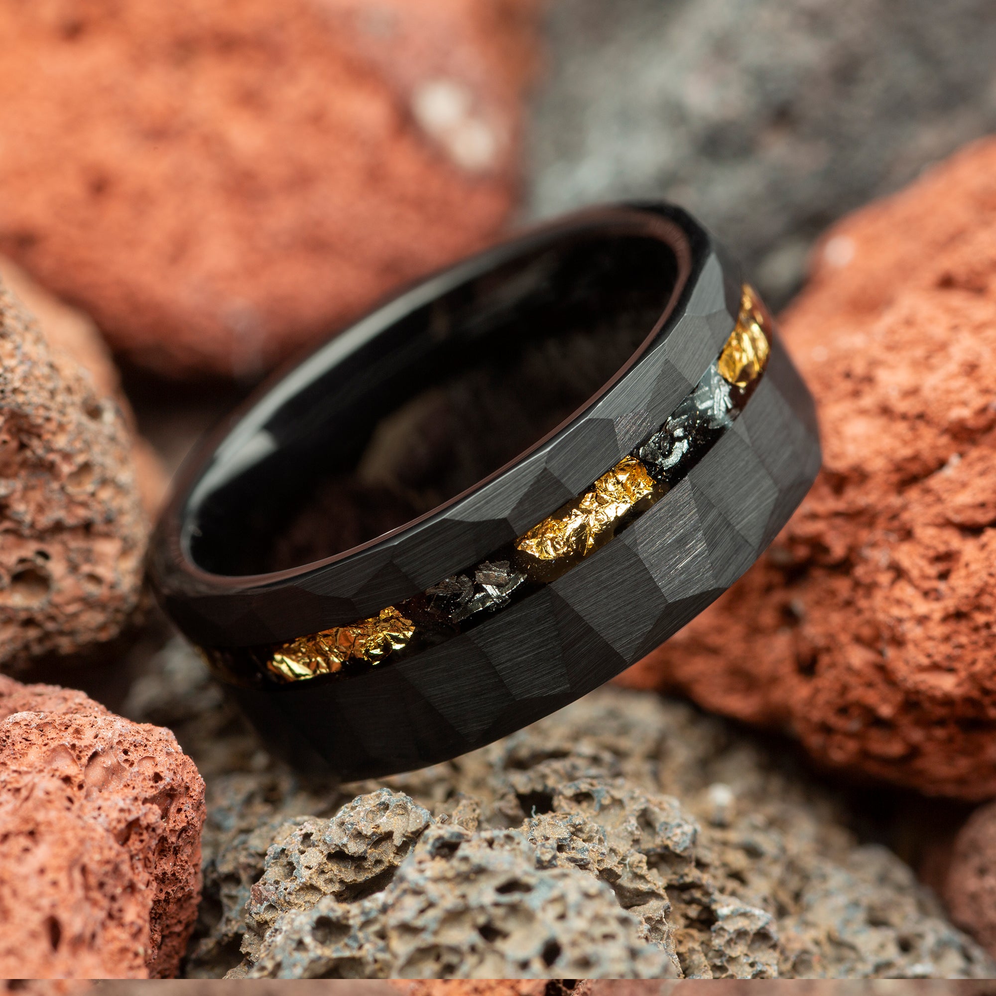 Meteorite & Gold Leaf Black Hammered Men's Tungsten Ring - 8mm