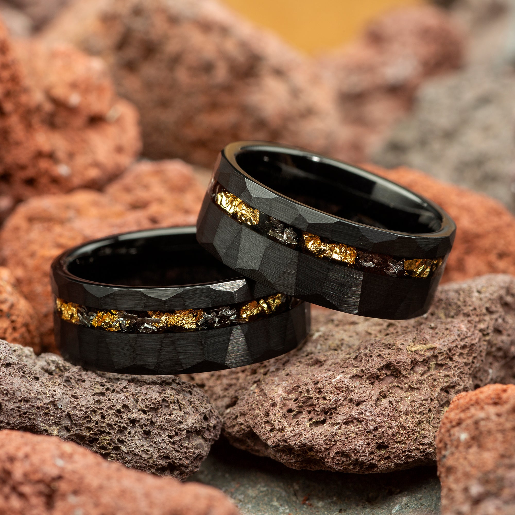 Meteorite & Gold Leaf Black Hammered Men's Tungsten Ring - 8mm