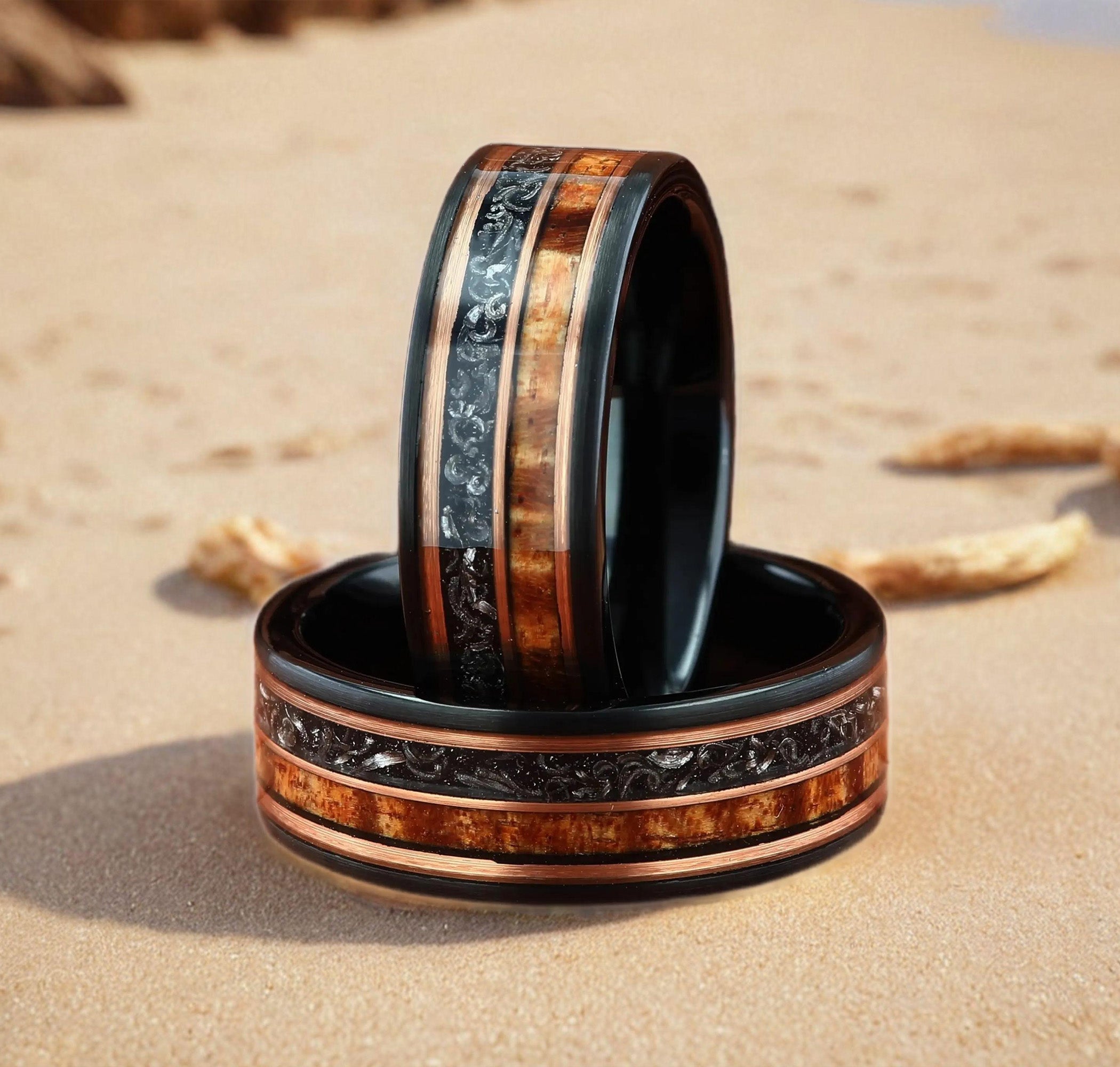 Meteorite with Hawaiian Koa Wood Black Tungsten Men's Wedding Ring Comfort Fit - 8mm