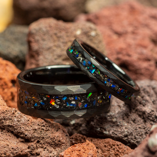 Galaxy Opal & Meteorite Black Hammered Couple Tungsten Wedding Bands Comfort Fit 4mm | 8mm