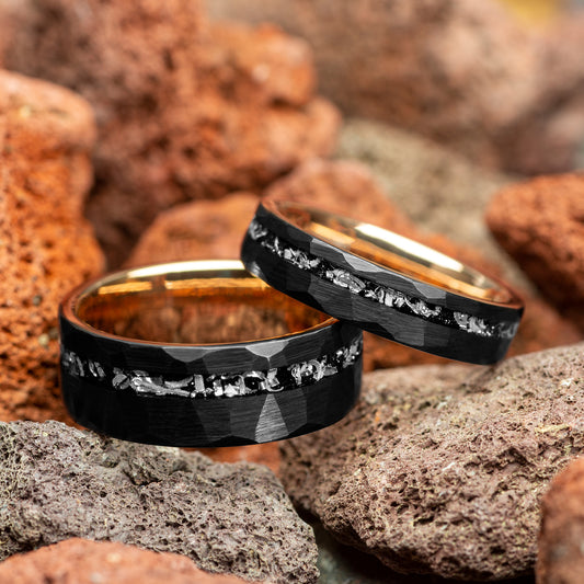 Meteorite Black Hammered Rose Gold Inside Couple Tungsten Wedding Bands Comfort Fit 5mm | 8mm