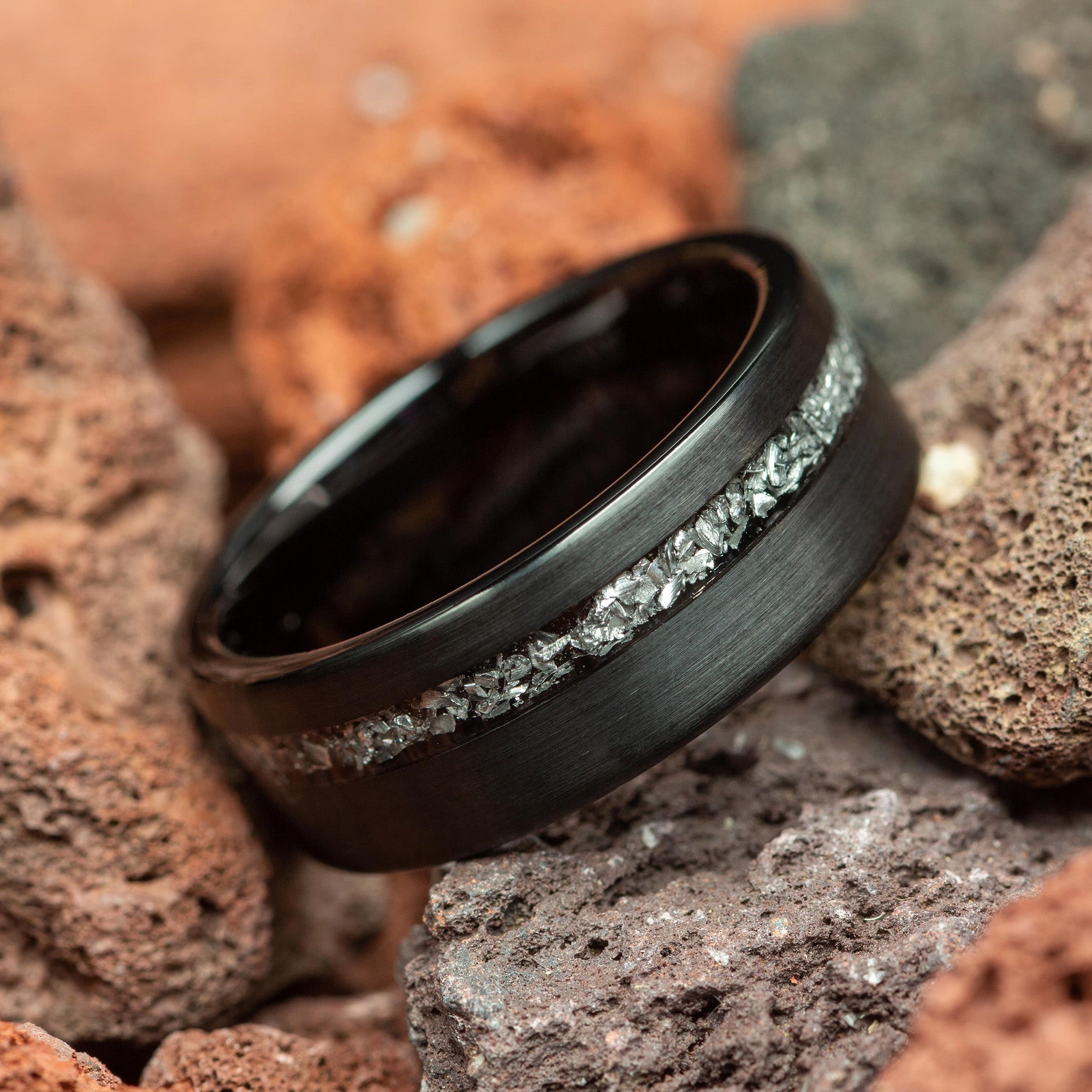 Meteorite Black Brushed Couple Tungsten Wedding Bands Comfort Fit 4mm | 8mm