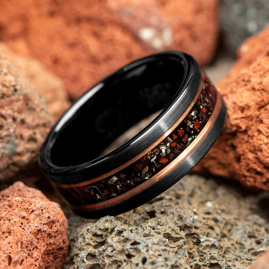 Dinosaur Bone & Meteorite with Rose Gold Strips Brushed Black Men's Tungsten Wedding Ring Comfort Fit - 8mm