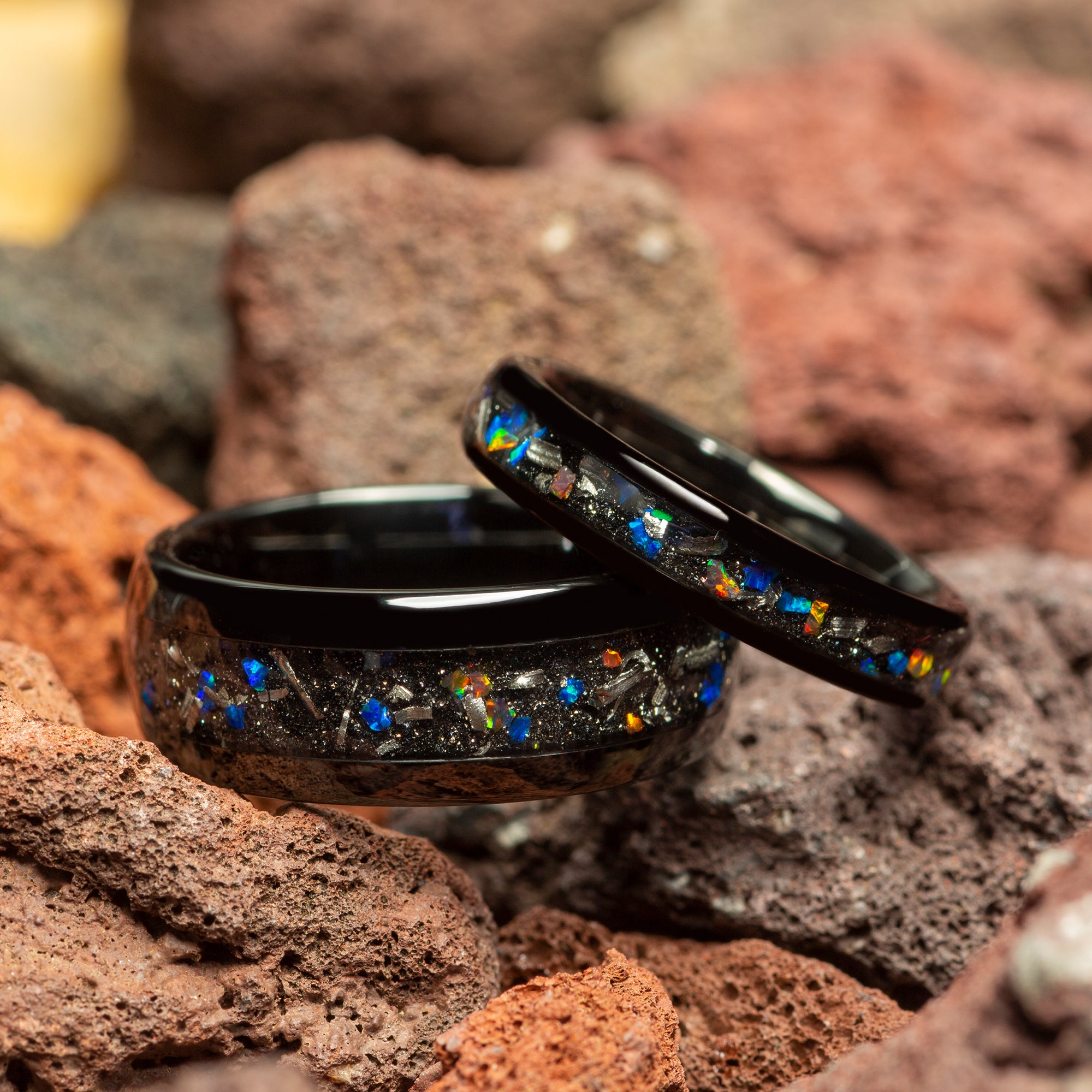 Meteorite & Galaxy Opal Couple Black Tungsten Wedding Bands Comfort Fit 4mm | 8mm