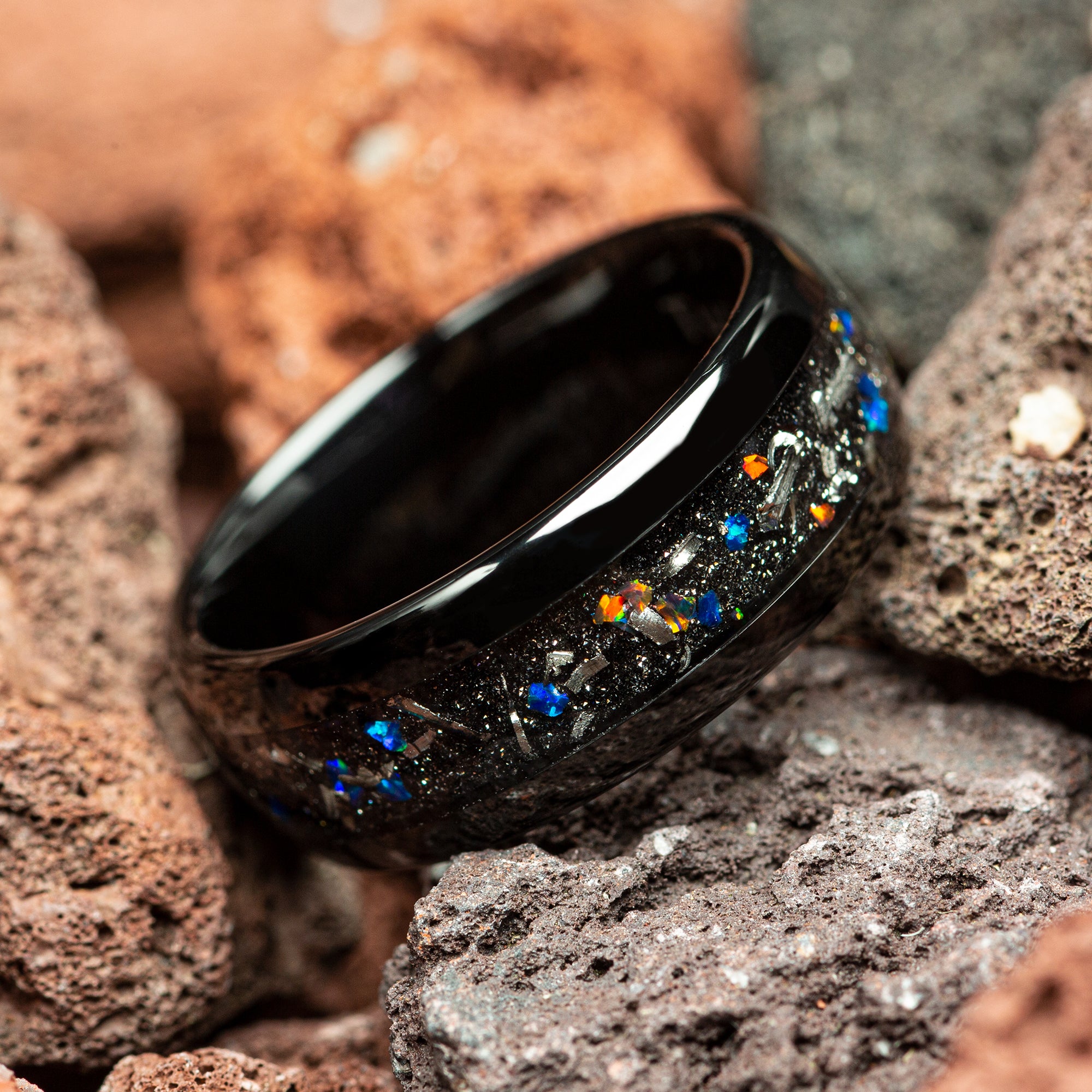 Meteorite & Galaxy Opal Couple Black Tungsten Wedding Bands Comfort Fit 4mm | 8mm