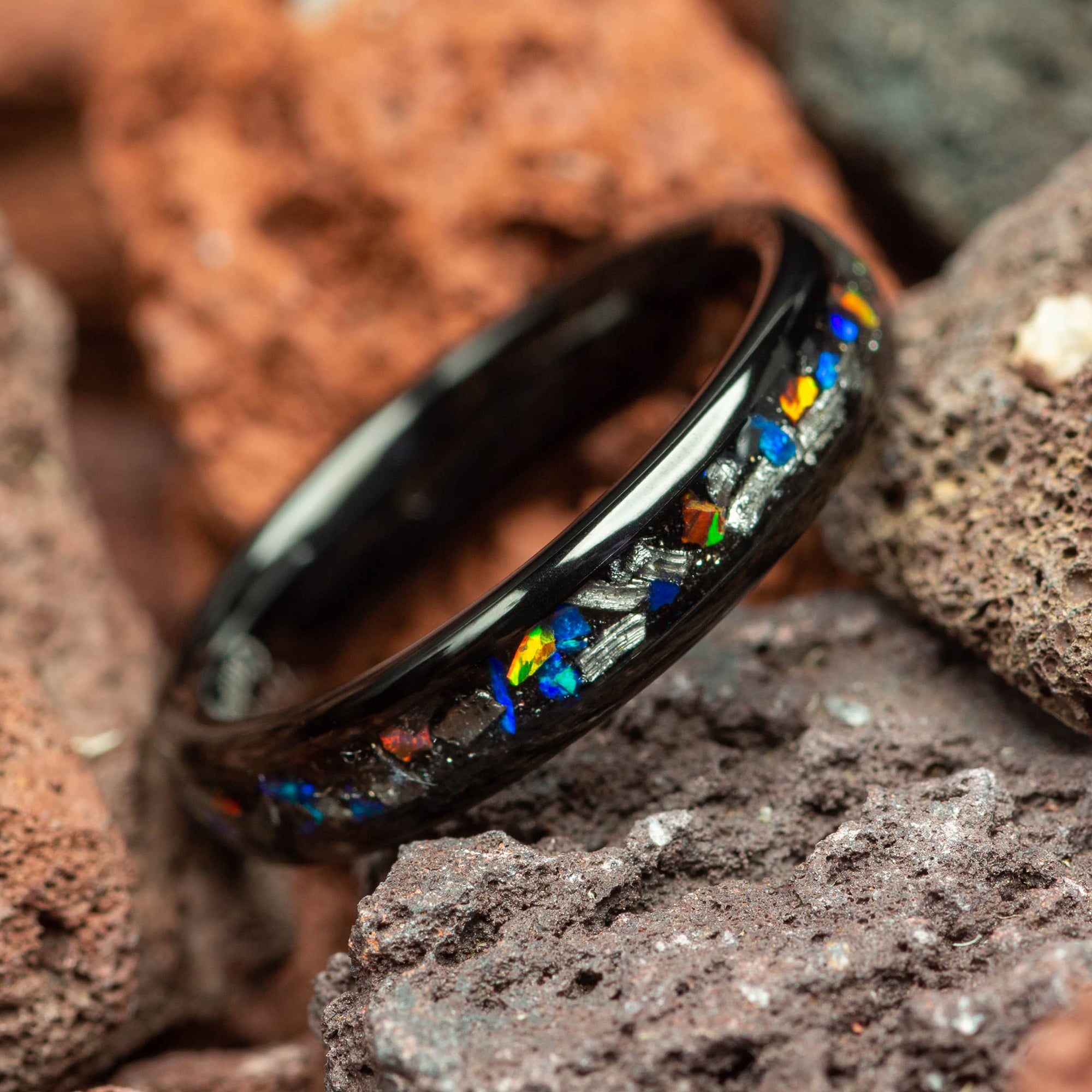 Meteorite & Galaxy Opal Couple Black Tungsten Wedding Bands Comfort Fit 4mm | 8mm