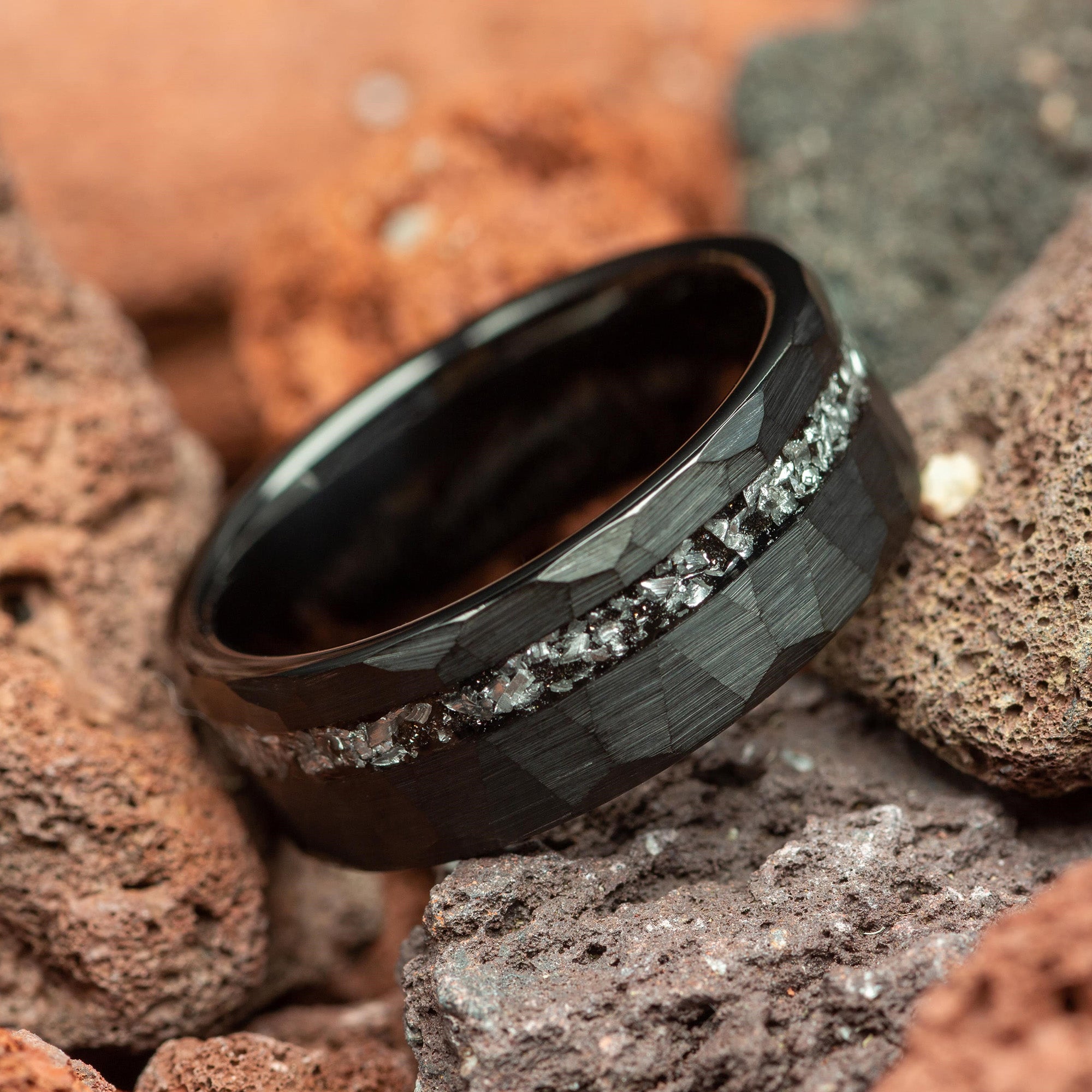 Meteorite Black Hammered Couple Tungsten Wedding Bands Comfort Fit 5mm | 8mm