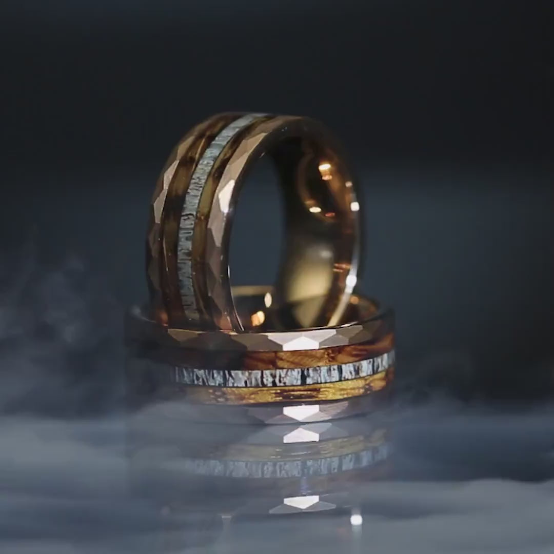 Antler with Charred Whiskey Barrel Wood Rose Gold Tungsten Men's Wedding Ring Comfort Fit - 8mm