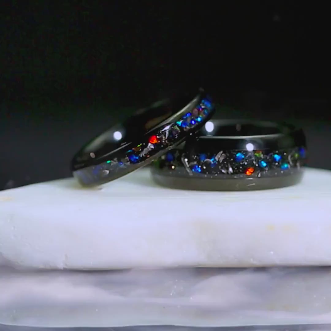 Meteorite & Galaxy Opal Couple Black Tungsten Wedding Bands Comfort Fit 4mm | 8mm