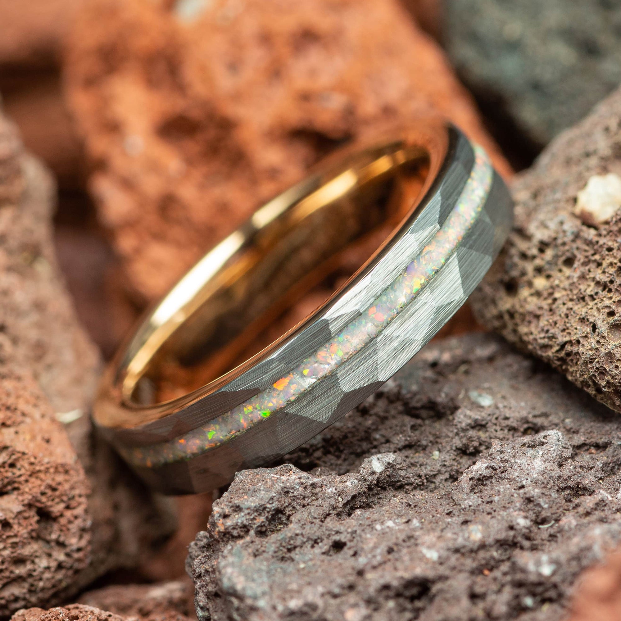 White Fire Opal Silver Hammered Rose Gold inside Couple Tungsten Wedding Bands Comfort Fit 4mm | 8mm