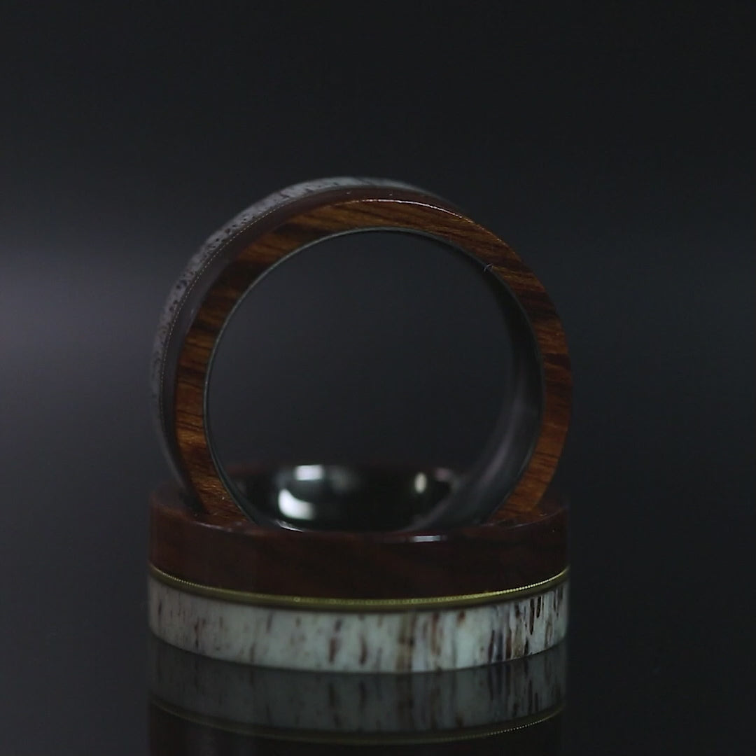 Guitar String, Ironwood & Deer Antler Men's Tungsten Ring - 8mm