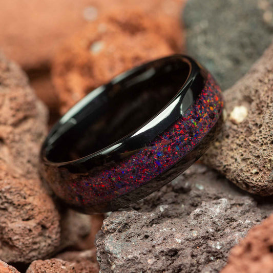 Crushed Black Fire Opal Black Tungsten Men's Wedding Ring Comfort Fit - 8mm